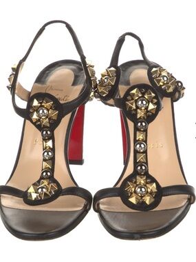 Christian Louboutin Black Leather T-Strap Sandals with Studs